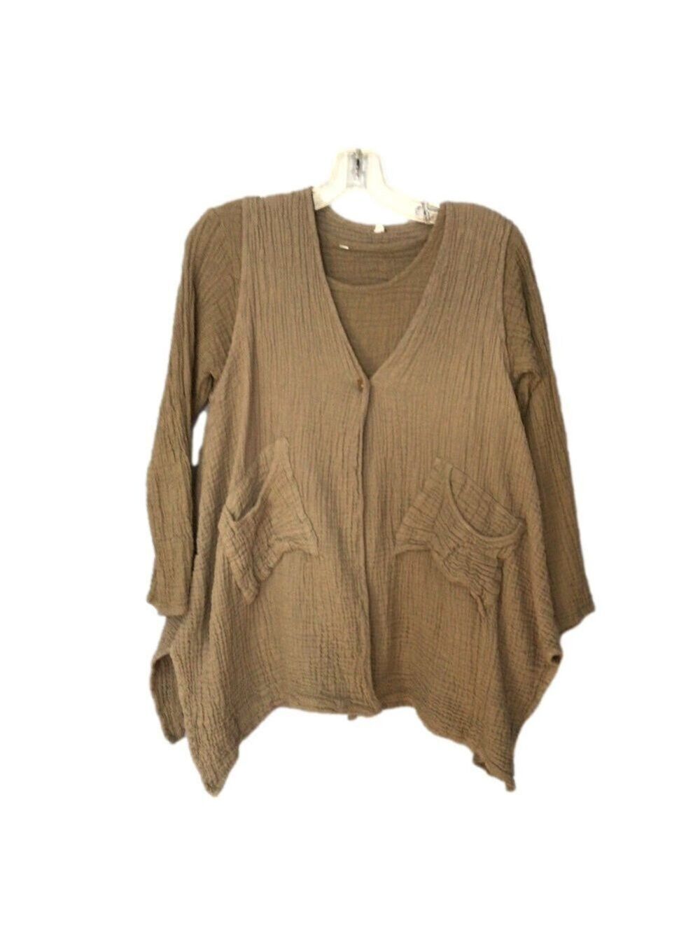 Lagenlook Gauze Cotton 2-Piece Beige Asymmetrical Top & Vest Set Sz S/M - Picture 3 of 9